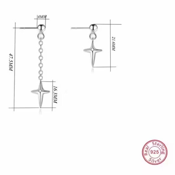 Asymmetric Cross Drop Earring 925 Sterling Silver Chain Dangle Earring Long - Picture 5 of 5